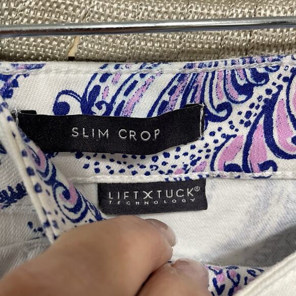 NYDJ for Chicos SLIM CROP Jeans Size 12 White Purple Paisley Lift Tuck Slimming - Picture 7 of 11